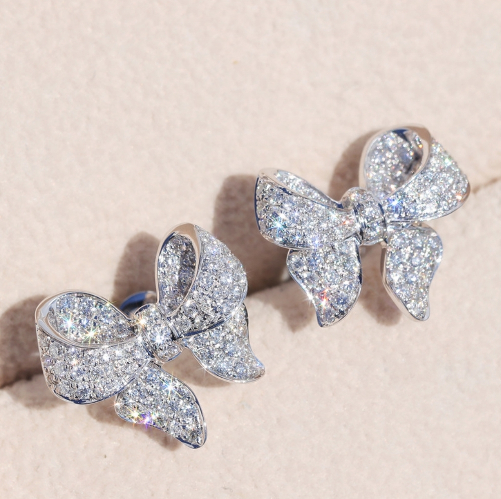 Sliver diamond bow earrings - Picture 2 of 5